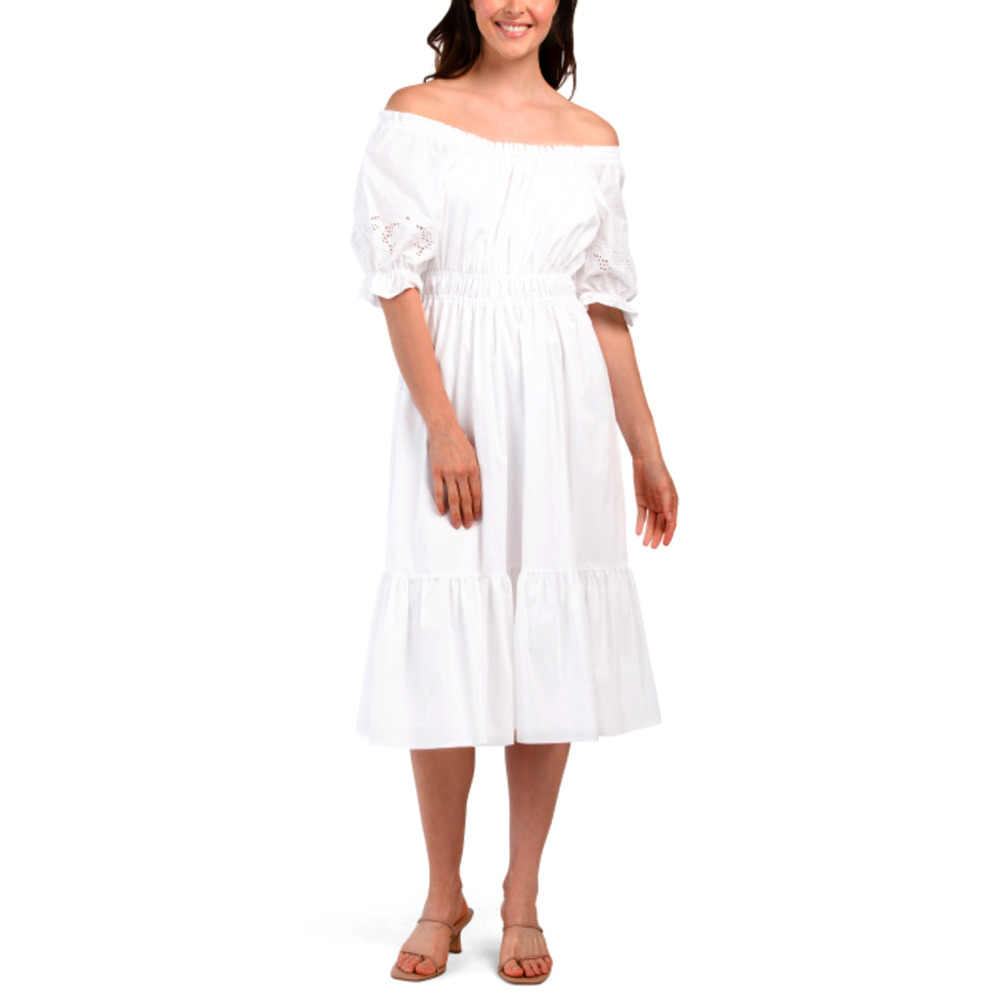 NWT Nanette Lepore Eyelet Puff Off the Shoulder Ruffle Hem Cotton Midi Dress